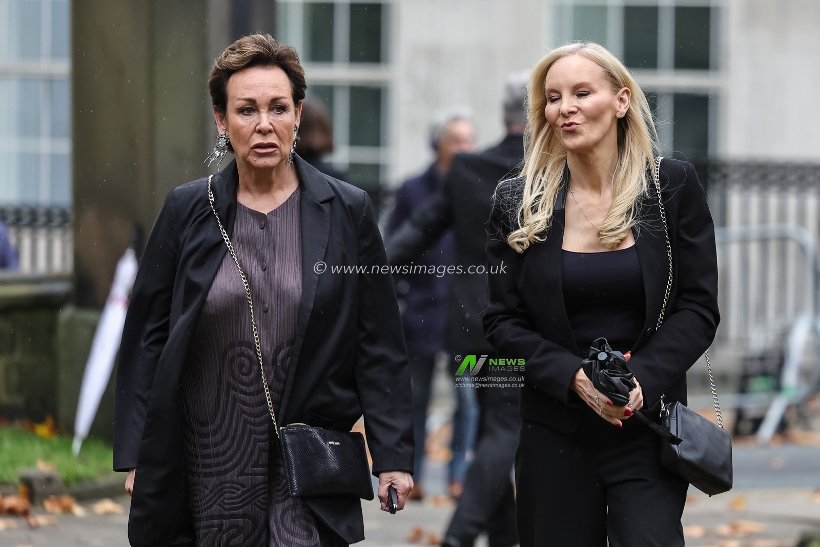 Christa Ackroyd and Stephanie Hirst arrive during the Funeral of Harold Dennis “Dickie” Bird OBE at St Mary's Church, Barnsley, United Kingdom, 19th October 2025

(Photo by Mark Cosgrove/News Images)