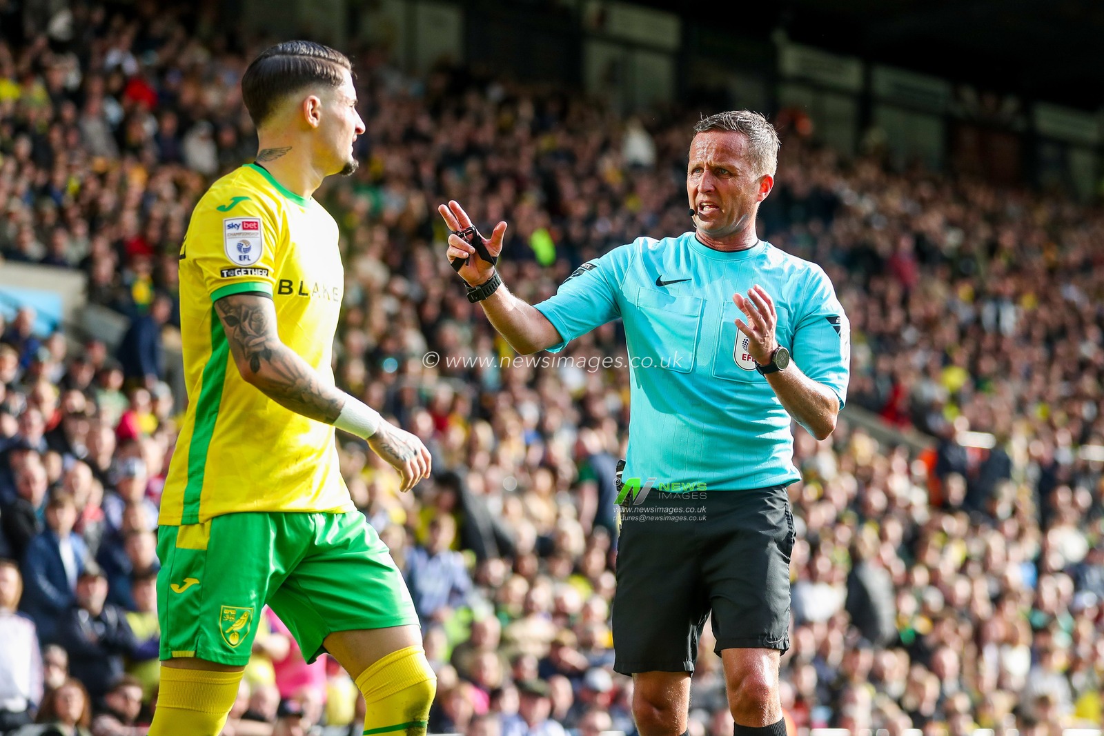 Referee David Webb speaks to Borja Sainz of Norwich City during the Sky Bet Championship match Norwich City vs West Bromwich Albion at Carrow Road, Norwich, United Kingdom, 29th March 2025

(Photo by Izzy Poles/News Images)