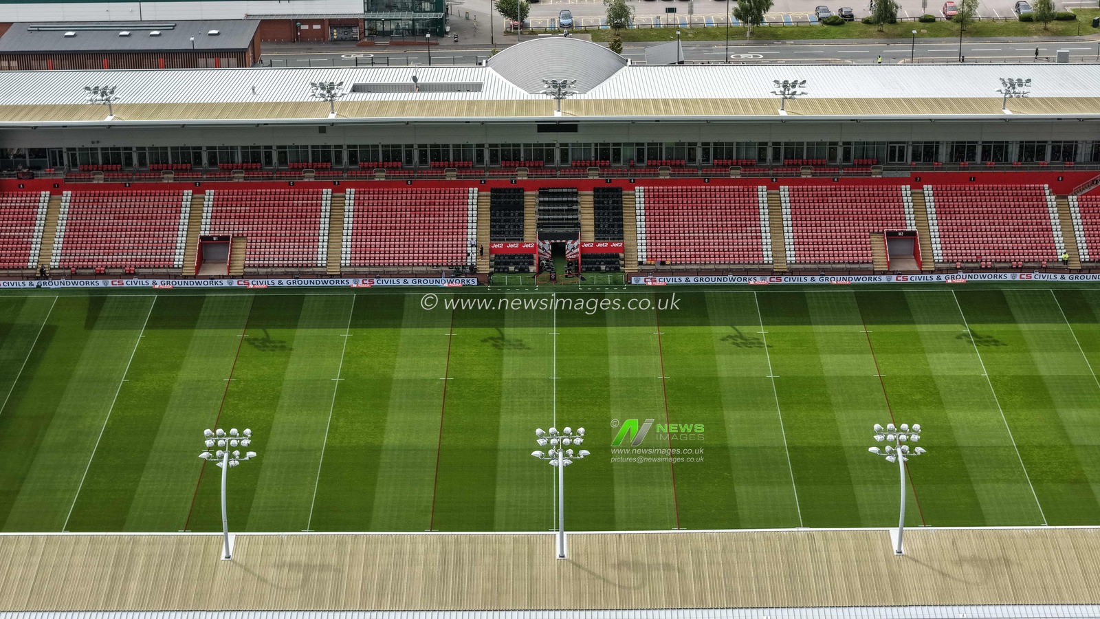 An aerial view of Leigh Sports Village and the Jet2 dugout during the Betfred Super League Round 20 Leigh Leopards vs Warrington Wolves at Leigh Sports Village, Leigh, United Kingdom, 1st August 2025

(Photo by Mark Cosgrove/News Images)