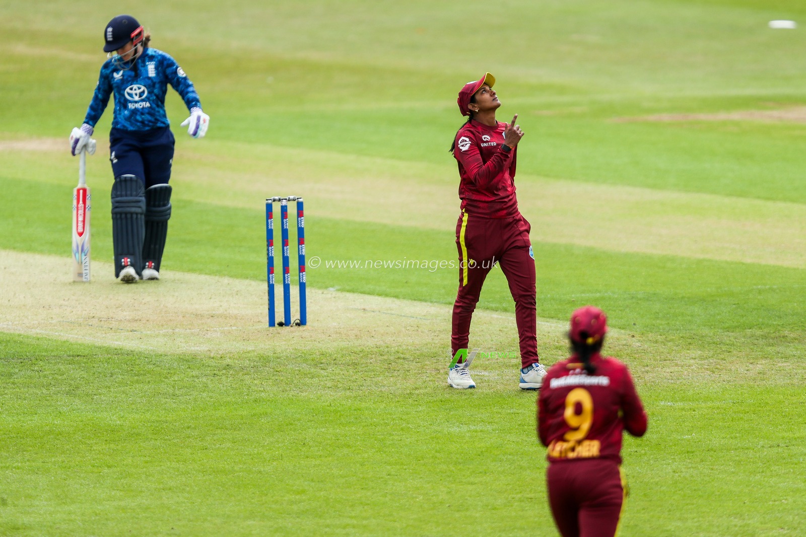 West Indies Women celebrates after the dismissal of Tammy Beaumont of England Women during the 2nd Metro Bank ODI Day International England Women v West Indies Women at Uptonsteel County Ground, Leicester, United Kingdom, 4th June 2025

(Photo by Izzy Poles/News Images)