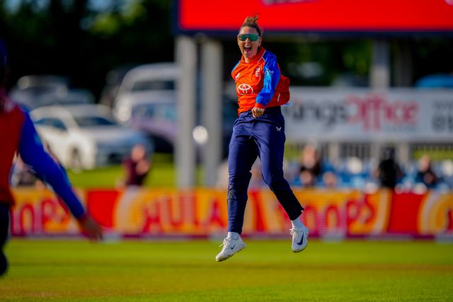 Linsey Smith of England celebrates the wicket of Amelia Kerr of New Zealand during the England Women v New Zealand 1st Vitality IT20 match at The Central Co-Op County Ground, Derby, United Kingdom on 20 May 2026

(Photo by Maynard Manyowa/News Images)