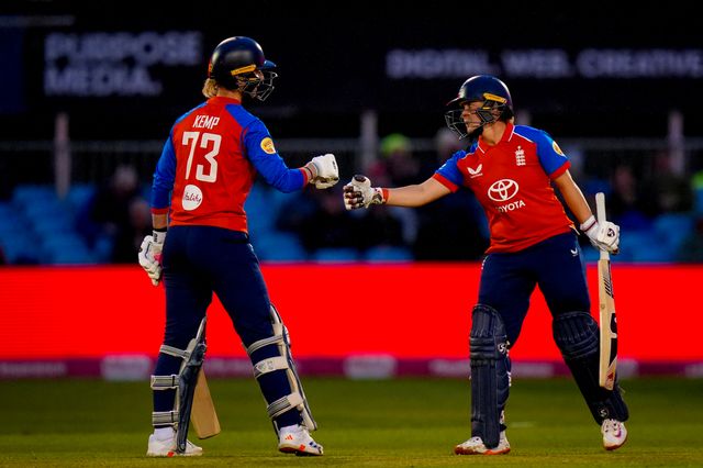 Alice Capsey of England and Freya Kemp of England bump fists after Alice Capsey reaches fifty during the England Women v New Zealand 1st Vitality IT20 match at The Central Co-Op County Ground, Derby, United Kingdom on 20 May 2026

(Photo by Maynard Manyowa/News Images)