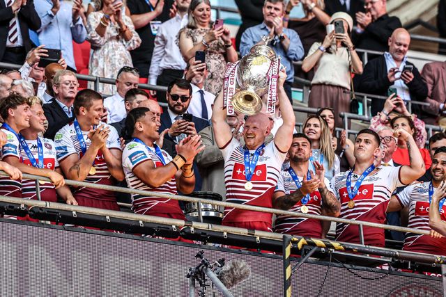 Liam Farrell of Wigan Warriors lifts the Betfred Challenge Cup Final Trophy during the Betfred Challenge Cup Final match Wigan Warriors vs Hull KR at Wembley Stadium, London, United Kingdom on 30 May 2026

(Photo by Alfie Cosgrove/News Images)