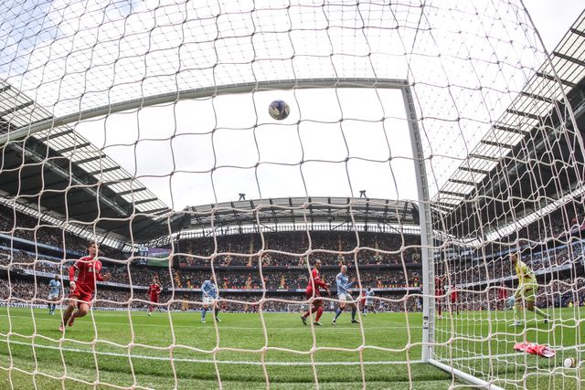 Erling Haaland of Manchester City scores his hat-trick to make it 4-0 during the Emirates FA Cup Quarter-Final match Manchester City vs Liverpool at Etihad Stadium, Manchester, United Kingdom on 04 April 2026

(Photo by Mark Cosgrove/News Images)