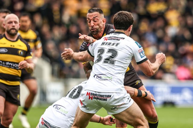 Paul Vaughan of York Knights is tackled by George Lawler of Castleford Tigers during the Betfred Super League round 12 match York Knights vs Castleford Tigers at LNER Community Stadium, York, United Kingdom on 16 May 2026

(Photo by Alfie Cosgrove/News Images)