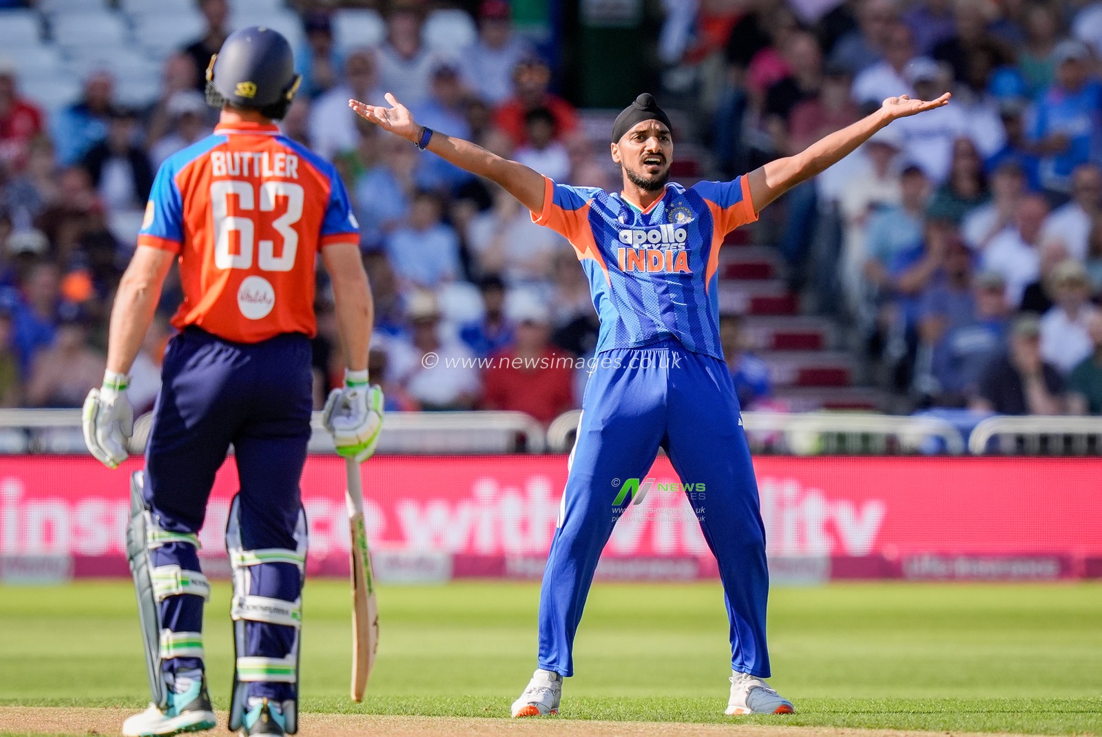 Arshdeep Singh of India appeals for an lbw after Phil Salt of England is struck on the pads during the Third Vitality T20 International match England vs India at Trent Bridge, Nottingham, United Kingdom on 07 July 2026

(Photo by Maynard Manyowa/News Images)
