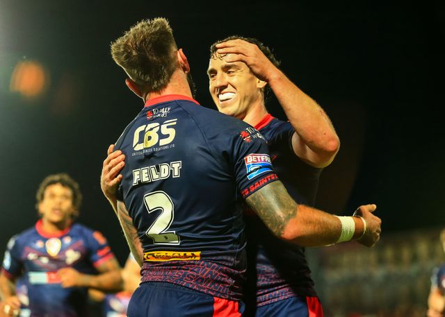 Kyle Feldt of St. Helens celebrates his try during the Betfred Super League round 21 match Wakefield Trinity vs St Helens at DIY Kitchens Stadium, Wakefield, United Kingdom, 8th August 2025

(Photo by Richard Bierton/News Images)