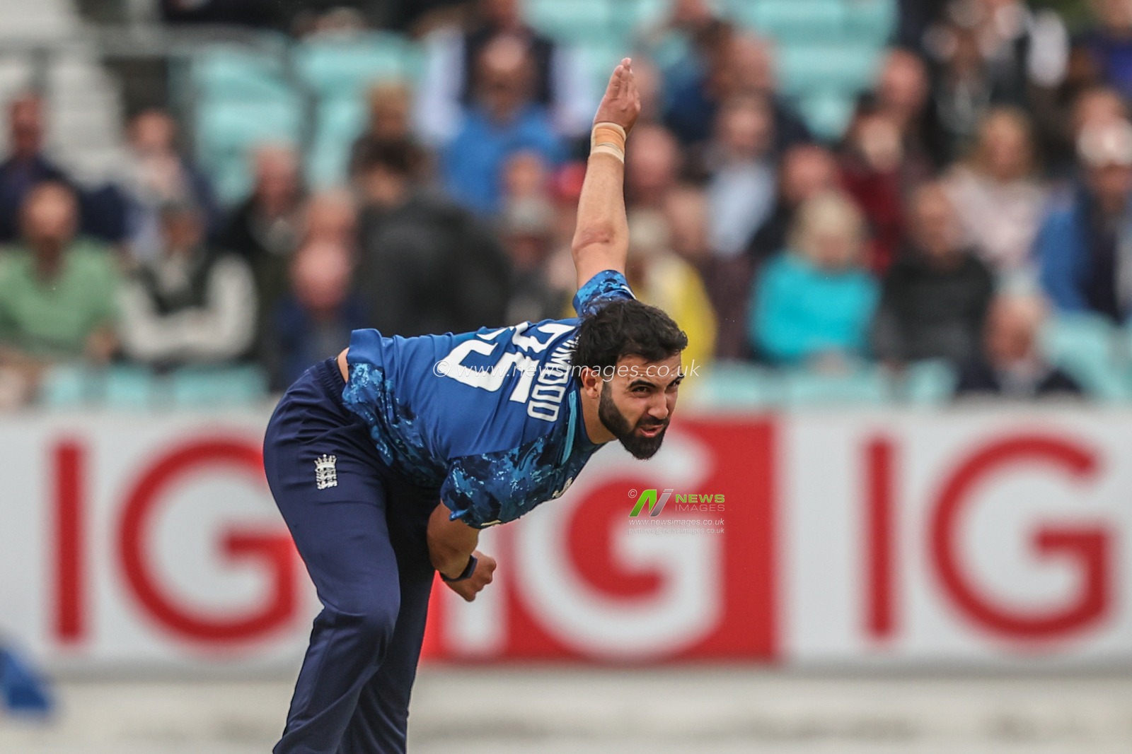 Saqib Mahmood of England delivers the ball during the 3rd Metro Bank ODI England v West Indies at The Kia Oval, London, United Kingdom, 3rd June 2025

(Photo by Alfie Cosgrove/News Images)