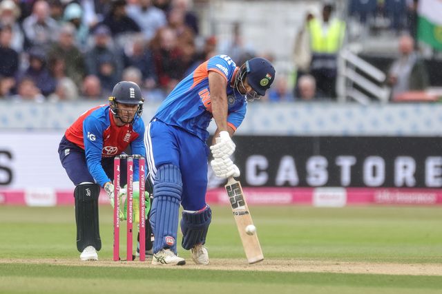 Shivam Dube of India hits a six  during the First Vitality T20 International match England vs India at Banks Homes Riverside Stadium, Chester-le-street, United Kingdom on 01 July 2026

(Photo by Mark Cosgrove/News Images)