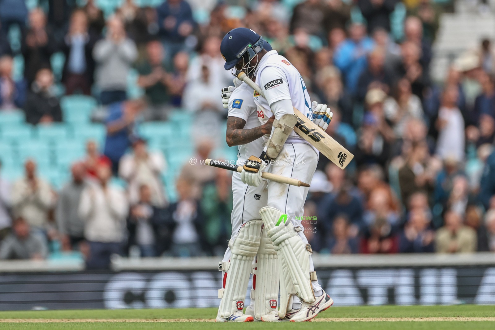 Pathum Nissanka of Sri Lanka and Angelo Mathews of Sri Lanka celebrate winning the test during the 3rd Rothesay Test Match Day Four England v Sri Lanka at The Kia Oval, London, United Kingdom, 9th September 2024

(Photo by Mark Cosgrove/News Images)