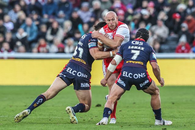 Dean Hadley of Hull KR is tackled during the Betfred Super League Semi Final 2 match Hull KR vs St Helens at Sewell Group Craven Park, Kingston upon Hull, United Kingdom, 3rd October 2025

(Photo by Alfie Cosgrove/News Images)