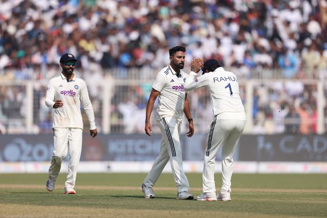 Mohammed Siraj of India , KL Rahul of India and Ravindra Jadeja of India during the IDFC First Bank Test Day 3 match India vs South Africa at Eden Gardens, Kolkata, India, 16th November 2025

(Photo by Shubhajit Roy Karmakar/News Images)