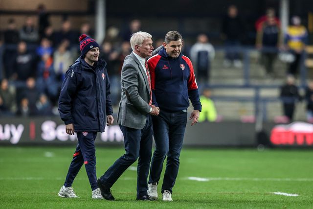 Eamonn McManus, chairman and owner of St Helens celebrates the win with Paul Wellens Head Coach of St. Helens during the Betfred Super League play-off Eliminator 1 match Leeds Rhinos vs St Helens at Headingley Stadium, Leeds, United Kingdom, 27th September 2025

(Photo by Alfie Cosgrove/News Images)
