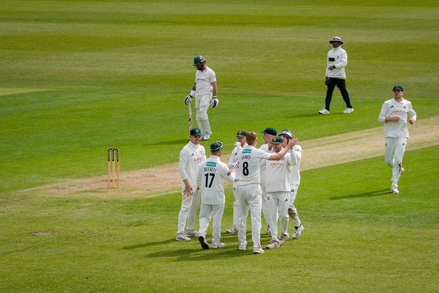 Nottinghamshire celebrate the wicket of Rishi Patel during the County Championship Division One day 3 Leicestershire vs Nottinghamshire at Grace Road, Leicester, United Kingdom on 03 May 2026

(Photo by Maynard Manyowa/News Images)