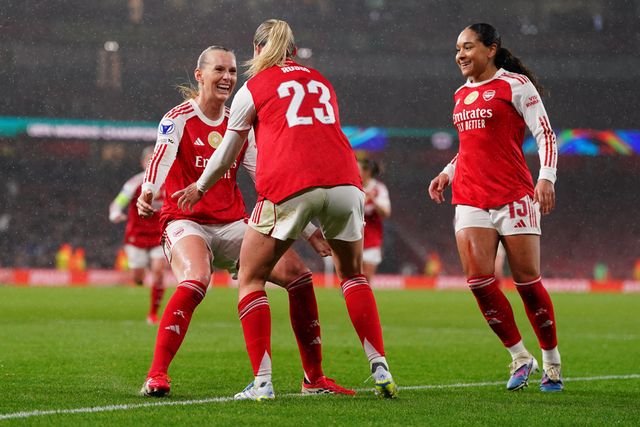 Arsenal women players celebrate third goal during the UEFA Women's Champions League Quarter-finals match Arsenal vs Chelsea at Arsenal Stadium, London, United Kingdom on 24 March 2026

(Photo by Harvey Murphy/News Images)