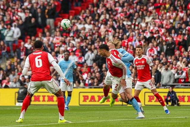 Erling Haaland of Manchester City battles for the ball in the air with Gabriel of Arsenal during the Carabao Cup Final match Arsenal vs Manchester City at Emirates, London, United Kingdom on 22 March 2026

(Photo by Alfie Cosgrove/News Images)