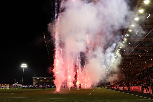 Players come of for the for game to pyrotechnics  during the Gallagher Premiership match Newcastle Red Bulls vs Northampton Saints at Kingston Park, Newcastle, United Kingdom, 17th October 2025

(Photo by Mark Cosgrove/News Images)
