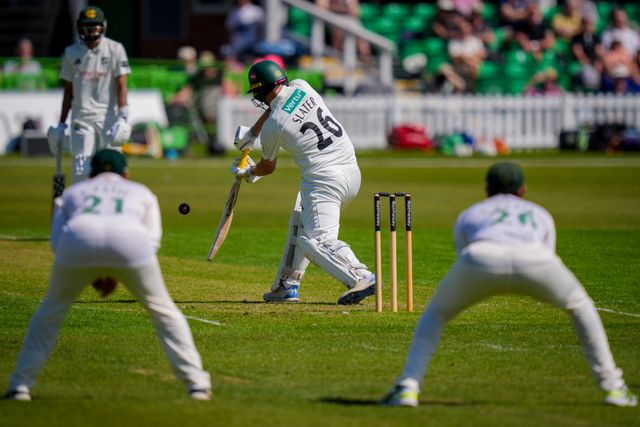 Ben Slater hits the ball for four during Leicestershire County Cricket Club vs Nottinghamshire County Cricket Club in Country Cricket Division One Day 1 at Grace Road, Leicester, United Kingdom on 01 May 2026

(Photo by Maynard Manyowa/News Images)