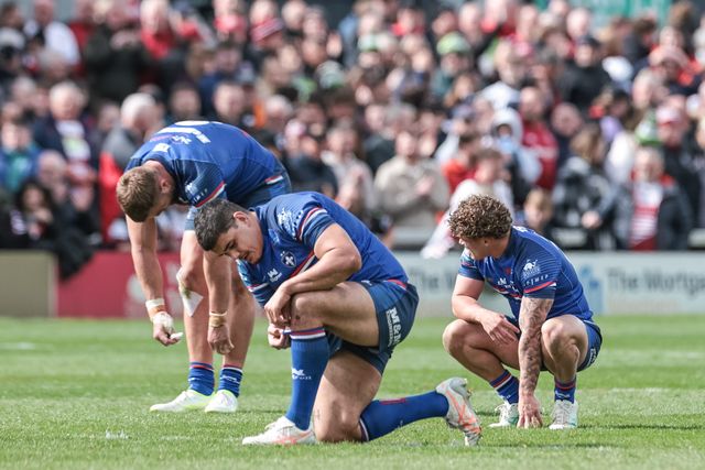 A dejected Caleb Hamlin-Uele of Wakefield Trinity  after losing 22-26 during the Betfred Challenge Cup Quarter Final match Wakefield Trinity vs Wigan Warriors at DIY Kitchens Stadium, Wakefield, United Kingdom on 12 April 2026

(Photo by Mark Cosgrove/News Images)
