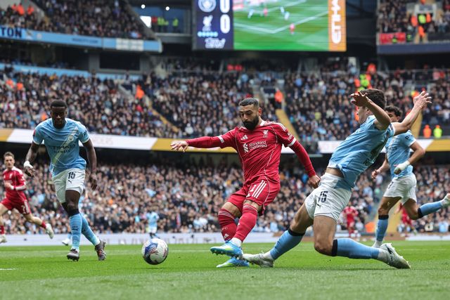 Mohamed Salah of Liverpool shoots on goal during the Emirates FA Cup Quarter-Final match Manchester City vs Liverpool at Etihad Stadium, Manchester, United Kingdom on 04 April 2026

(Photo by Mark Cosgrove/News Images)