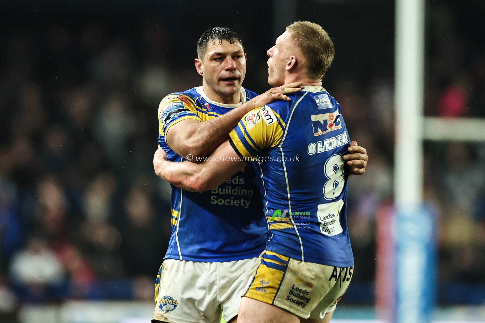 Ryan Hall of Leeds Rhinos and Mikolaj Oledzki of Leeds Rhinos celebrate their teams win after the Betfred Super League Round 5 match Leeds Rhinos vs Wigan Warriors at Headingley Stadium, Leeds, United Kingdom, 22nd March 2025

(Photo by Mark Cosgrove/News Images)