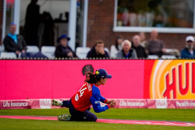 Maia Bouchier of England takes a catch off the bowling of Charlie Dean of England to dismiss Brooke Halliday  of New Zealand during the England Women v New Zealand 1st Vitality IT20 match at The Central Co-Op County Ground, Derby, United Kingdom on 20 May 2026

(Photo by Maynard Manyowa/News Images)