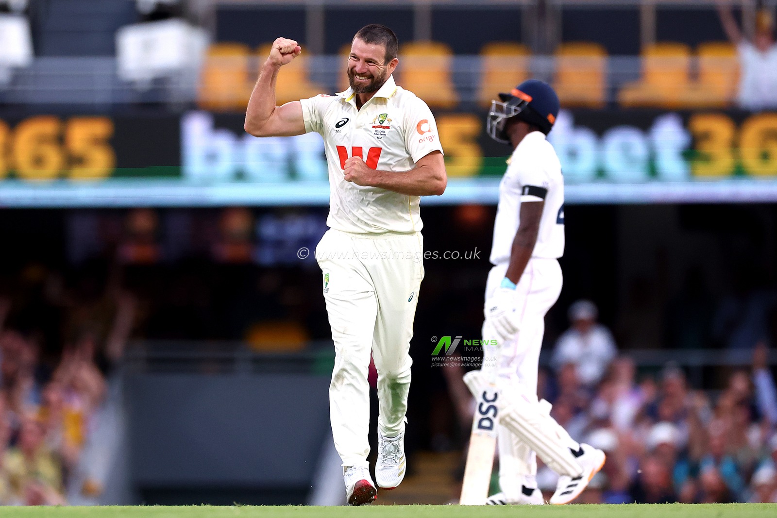 Michael Neser of Australia  celebrates his 5th wicket and the dismissal of Brydon Carse of England  during the day 4 of the Second Test in the NRMA Insurance Ashes Series Australia vs England at The Gabba, Brisbane Cricket Ground, Brisbane, Australia, 7th December 2025

(Photo by Pat Hoelscher/News Images)

*** GER AUT SUI OUT ***