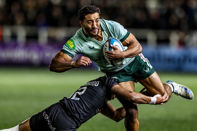 Gabriel Hamer-Webb of Leicester Tigers is tackled by Nathan Greenwood of Newcastle Red Bulls during the Premiership Rugby Cup match Newcastle Red Bulls vs Leicester Tigers at Kingston Park, Newcastle, United Kingdom, 31st October 2025

(Photo by Alfie Cosgrove/News Images)

*** GER AUT SUI OUT ***