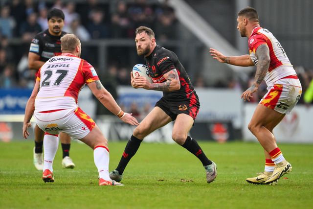 Daryl Clark of St. Helens makes a break during the Betfred Super League Round 13 match St Helens vs Catalans Dragons at Totally Wicked Stadium, St Helens, United Kingdom, 31st May 2024

(Photo by Craig Thomas/News Images)
