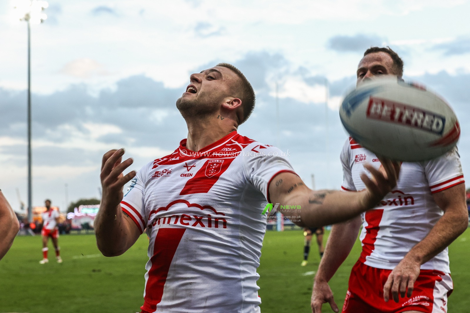 Mikey Lewis of Hull KR celebrates his try making it 6-0 during the Betfred Super League Semi Final 2 match Hull KR vs St Helens at Sewell Group Craven Park, Kingston upon Hull, United Kingdom, 3rd October 2025

(Photo by Alfie Cosgrove/News Images)