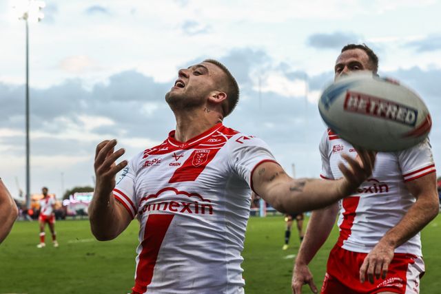 Mikey Lewis of Hull KR celebrates his try making it 6-0 during the Betfred Super League Semi Final 2 match Hull KR vs St Helens at Sewell Group Craven Park, Kingston upon Hull, United Kingdom, 3rd October 2025

(Photo by Alfie Cosgrove/News Images)