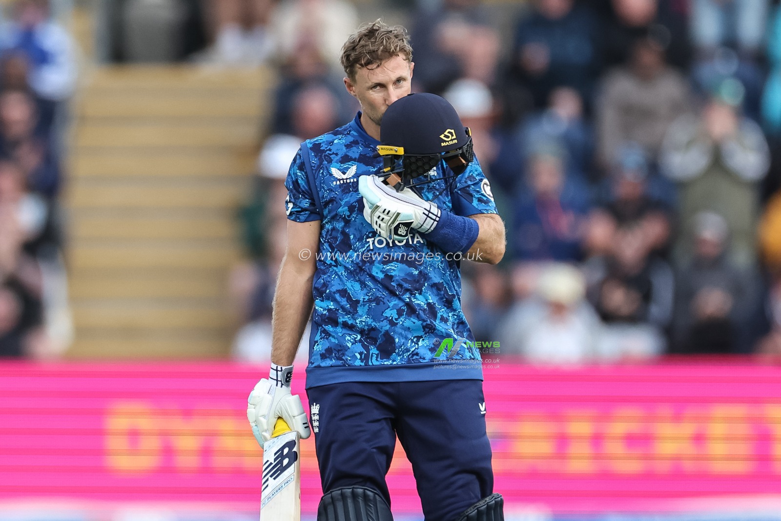 Joe Root of England celebrates a century (100 runs)during the 2nd Metro Bank ODI England v West Indies at Sophia Gardens Cricket Ground, Cardiff, United Kingdom, 1st June 2025

(Photo by Mark Cosgrove/News Images)