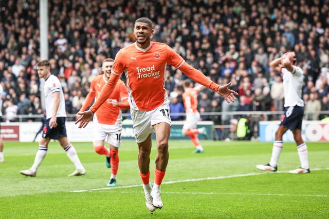 Ashley Fletcher of Blackpool celebrates his goal to make it 1-0 during the Sky Bet League 1 match Blackpool vs Bolton Wanderers at Bloomfield Road, Blackpool, United Kingdom, 29th March 2025

(Photo by Mark Cosgrove/News Images)