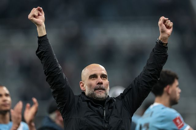 Pep Guardiola manager of Manchester City celebrates the 1-3 win with the traveling fans during the Emirates FA Cup 5th Round  match Newcastle Untied vs Manchester City at St. James's Park, Newcastle, United Kingdom on 07 March 2026

(Photo by Mark Cosgrove/News Images)