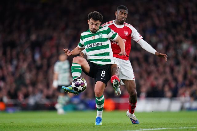 Pedro Goncalves of Sporting CP and Cristhian Mosquera of Arsenal battle during the UEFA Champions League Quarter Finals match Arsenal vs Sporting CP at Arsenal stadium, London, United Kingdom on 15 April 2026

(Photo by Harvey Murphy/News Images)