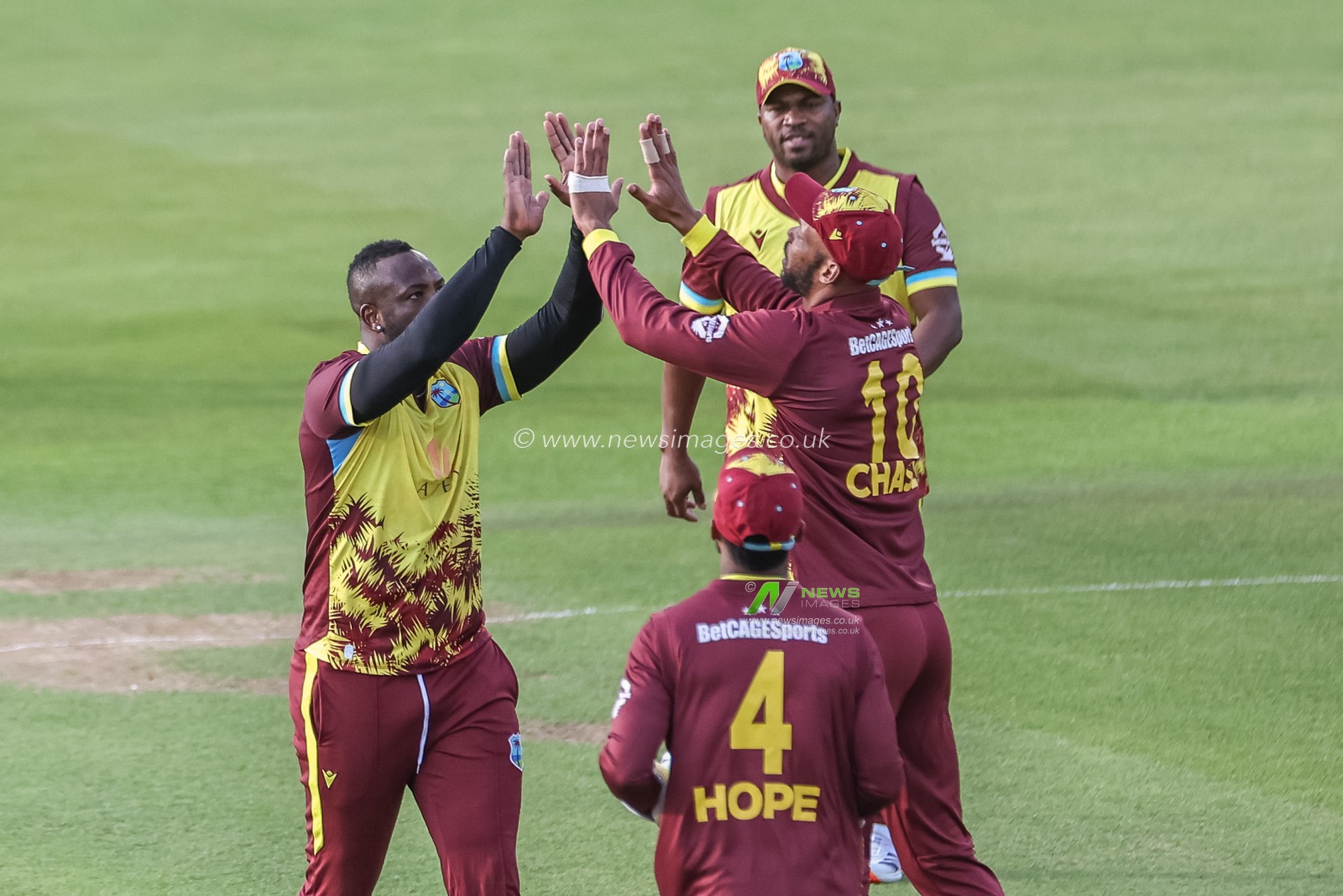 Andre Russell of West Indies celebrates bowling Tom Banton of England out by LBW during the 1st Vitality T20 International Series England v West Indies at Banks Homes Riverside Stadium, Chester-le-street, United Kingdom, 6th June 2025

(Photo by Mark Cosgrove/News Images)