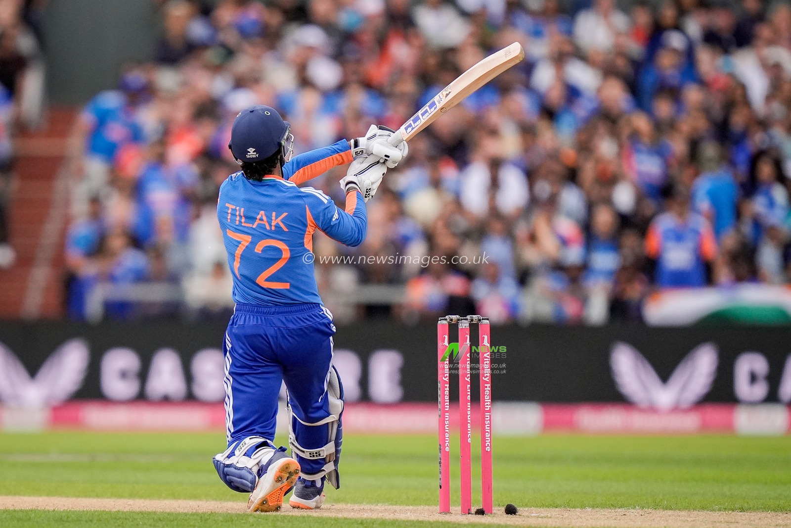 Tilak Varma of India hits a six during the Second Vitality T20 International match England vs India at Old Trafford, Manchester, United Kingdom on 04 July 2026

(Photo by Maynard Manyowa/News Images)