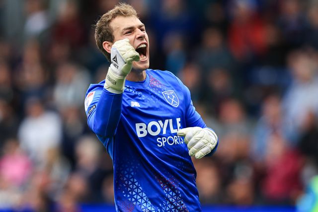 West Ham United goalkeeper Mads Hermansen celebrates Manor Solomon of West Ham United goal to make it 0-2 during the Sky Bet Championship match Burnley vs West Ham United at Turf Moor, Burnley, United Kingdom on 16 August 2026

(Photo by Jorge Horsted/News Images)