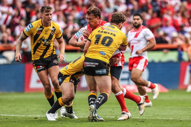 Jai Whitbread of Hull KR is tackled during the Betfred Super League round 21 match Hull KR vs Castleford Tigers at Sewell Group Craven Park, Kingston upon Hull, United Kingdom, 9th August 2025

(Photo by Alfie Cosgrove/News Images)