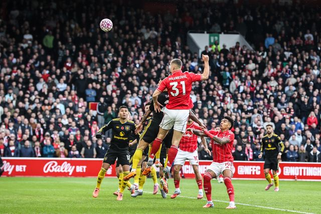 Nikola Milenkovic of Nottingham Forest heads on goal during the Premier League match Nottingham Forest vs Manchester United at City Ground, Nottingham, United Kingdom, 1st November 2025

(Photo by Alfie Cosgrove/News Images)

*** GER AUT SUI OUT ***