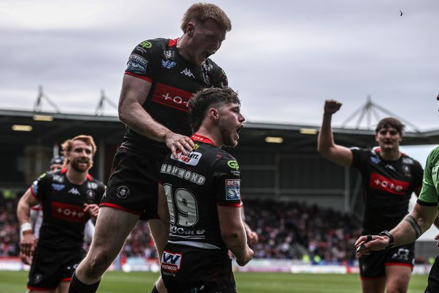 Jack Farrimond of Wigan Warriors celebrates his try during the Betfred Super League round 7 match St Helens vs Wigan Warriors at The BrewDog Stadium, St Helens, United Kingdom on 03 April 2026

(Photo by Alfie Cosgrove/News Images)
