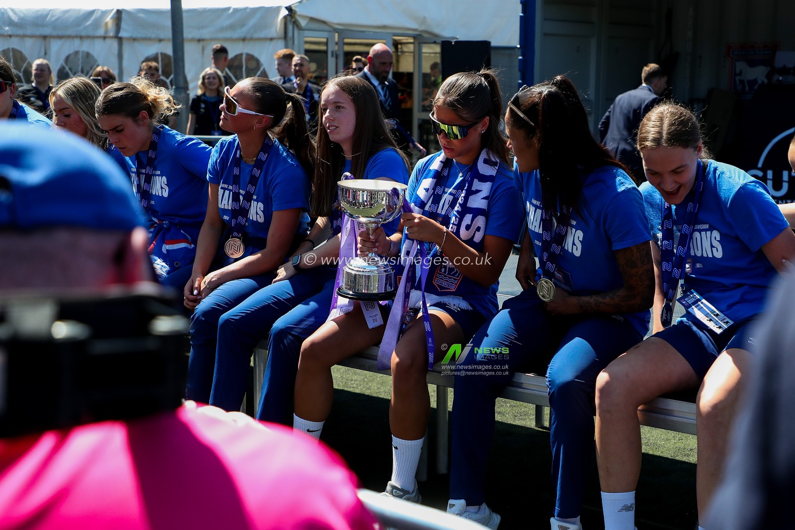 Ipswich Town Women celebrate their league win at Portman Road fan zone prior to the Premier League match Ipswich Town vs Brentford at Portman Road, Ipswich, United Kingdom, 10th May 2025

(Photo by Izzy Poles/News Images)