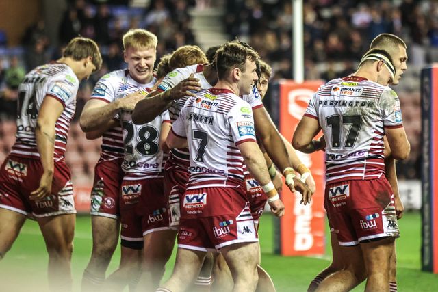 Noah Hodkinson of Wigan Warriors celebrates his try during the Betfred Super League round 5 match Wigan Warriors vs York Knights at The Brick Community Stadium, Wigan, United Kingdom on 19 March 2026

(Photo by Alfie Cosgrove/News Images)