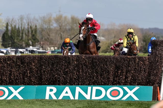 Mirabad ridden by Tristan Durrell jumps the last fence and runs on to win the 12:45 Hallgarten & Novum Wines Maghull Novices' Chase during the 2026 Randox Grand National Day at Aintree Racecourse, Aintree, United Kingdom on 11 April 2026

(Photo by Mark Cosgrove/News Images)