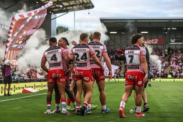 Umyla Hanley of Leigh Leopards celebrates his try during the Betfred Super League round 21 match Leigh Leopards vs Leeds Rhinos at Leigh Sports Village, Leigh, United Kingdom, 7th August 2025

(Photo by Alfie Cosgrove/News Images)