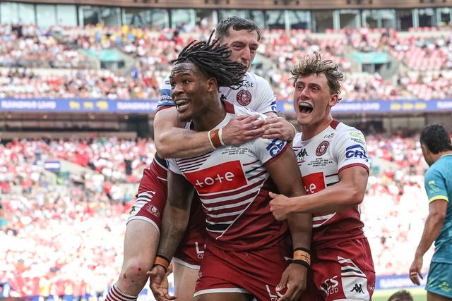 Junior Nsemba of Wigan Warriors celebrates his try during the Betfred Challenge Cup Final match Wigan Warriors vs Hull KR at Wembley Stadium, London, United Kingdom on 30 May 2026

(Photo by Mark Cosgrove/News Images)