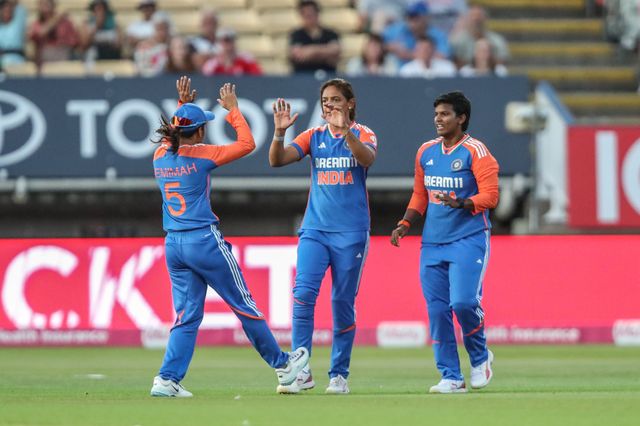 Jemimah of India celebrates the wicket of Danni Wyatt-Hodge of England during the 5th Vitality IT20 England Women vs India Women at Edgbaston, Birmingham, United Kingdom, 12th July 2025

(Photo by Izzy Poles/News Images)