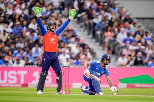 Jos Buttler of England appeals for LBW against Ishan Kishan of India  during the Second Vitality T20 International match England vs India at Old Trafford, Manchester, United Kingdom on 04 July 2026

(Photo by Maynard Manyowa/News Images)