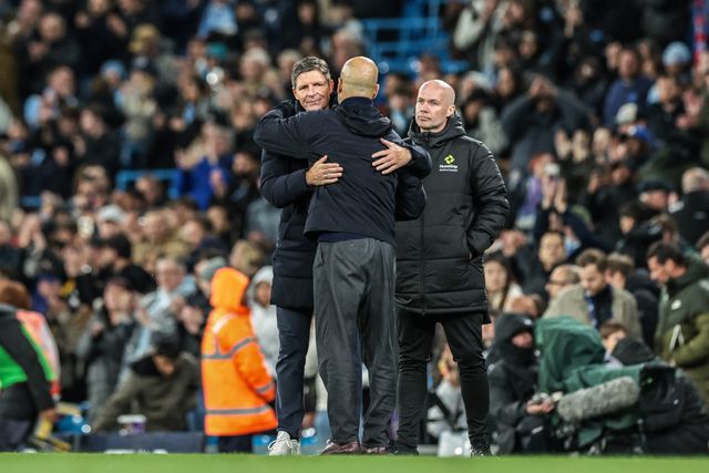 Oliver Glasner manager of Crystal Palace embraces Josep Guardiola manager of Manchester City after the game during the Premier League match Manchester City vs Crystal Palace at Etihad Stadium, Manchester, United Kingdom on 13 May 2026

(Photo by Mark Cosgrove/News Images)