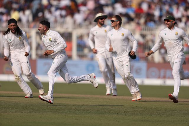 Keshav Maharaj of South Africa celebrates after dismissing Mohammed Siraj of India caught by Aiden Markram of South Africa  winning the 1st test match during the IDFC First Bank Test at Day 3 match India vs South Africa at Eden Gardens, Kolkata, India, 16th November 2025

(Photo by Shubhajit Roy Karmakar/News Images)

